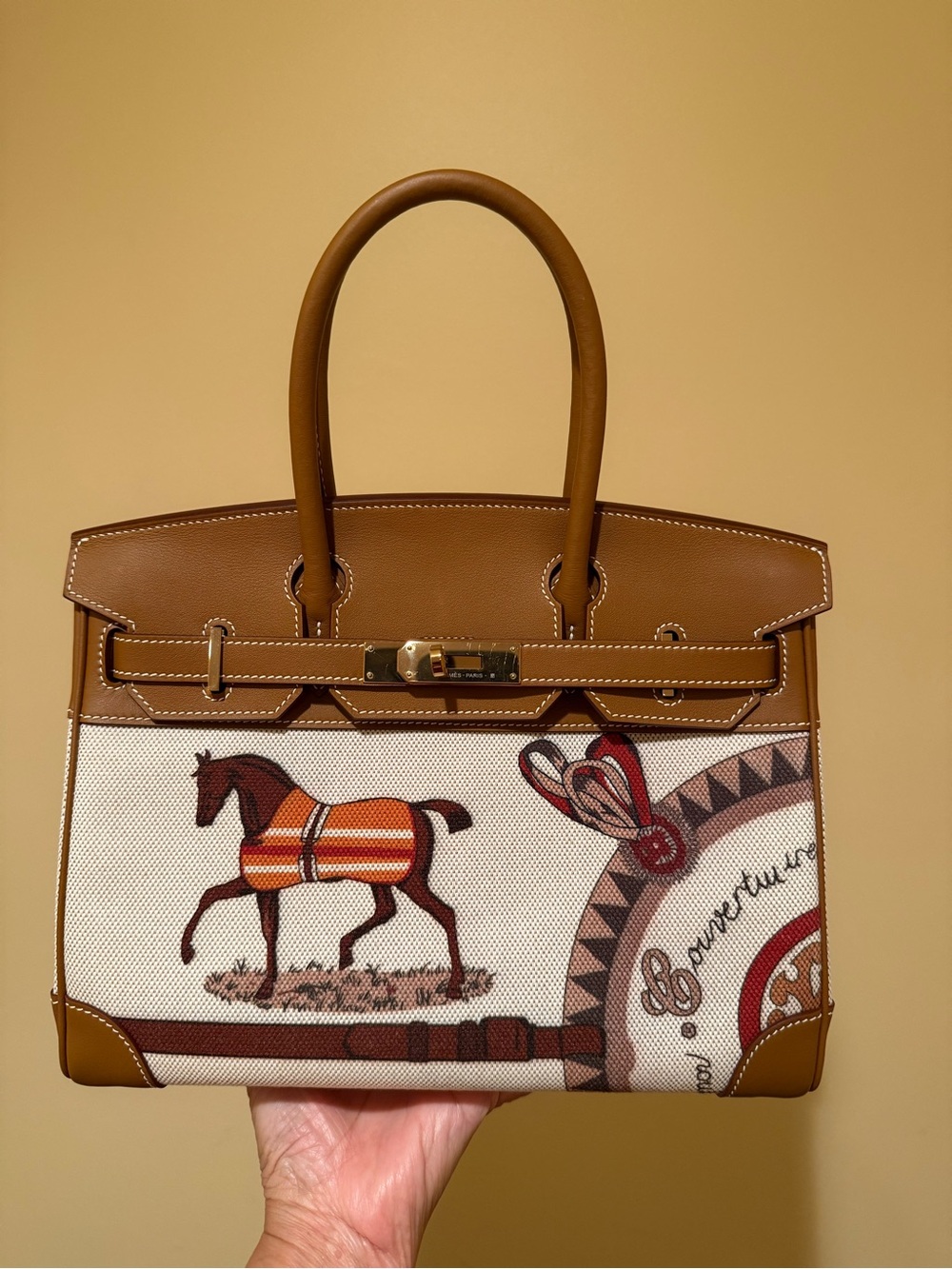 Tan Toile Canvas and Swift Leather Tote Handbag with Horse Motif with Ghw 
30CM